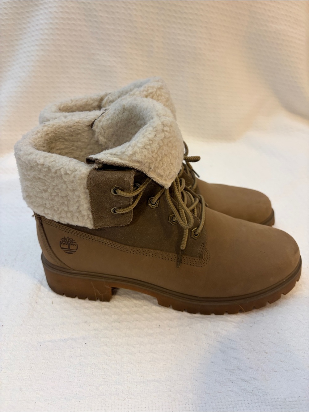 Timberland Jayne Fold-Down Teddy Fleece Taupe Nubuck Ankle Boots Size W 8.5.
